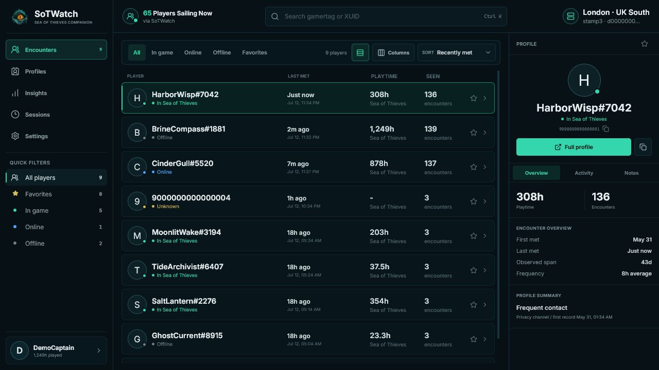 SoTWatch showing recent Sea of Thieves players, profiles and session details